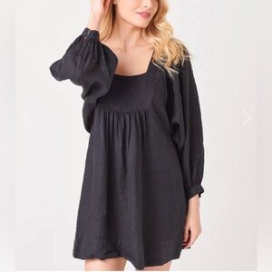 Joie Jade Mini Dress XS Black 100% Linen Balloon Long Sleeve Minimalist Classic